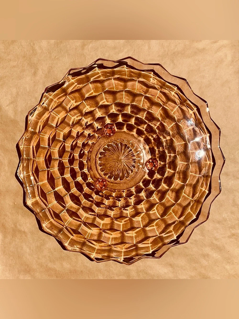 Vintage ❉ Art Deco Cube Cubist Serving Dish Platter in Pink Depression Glass